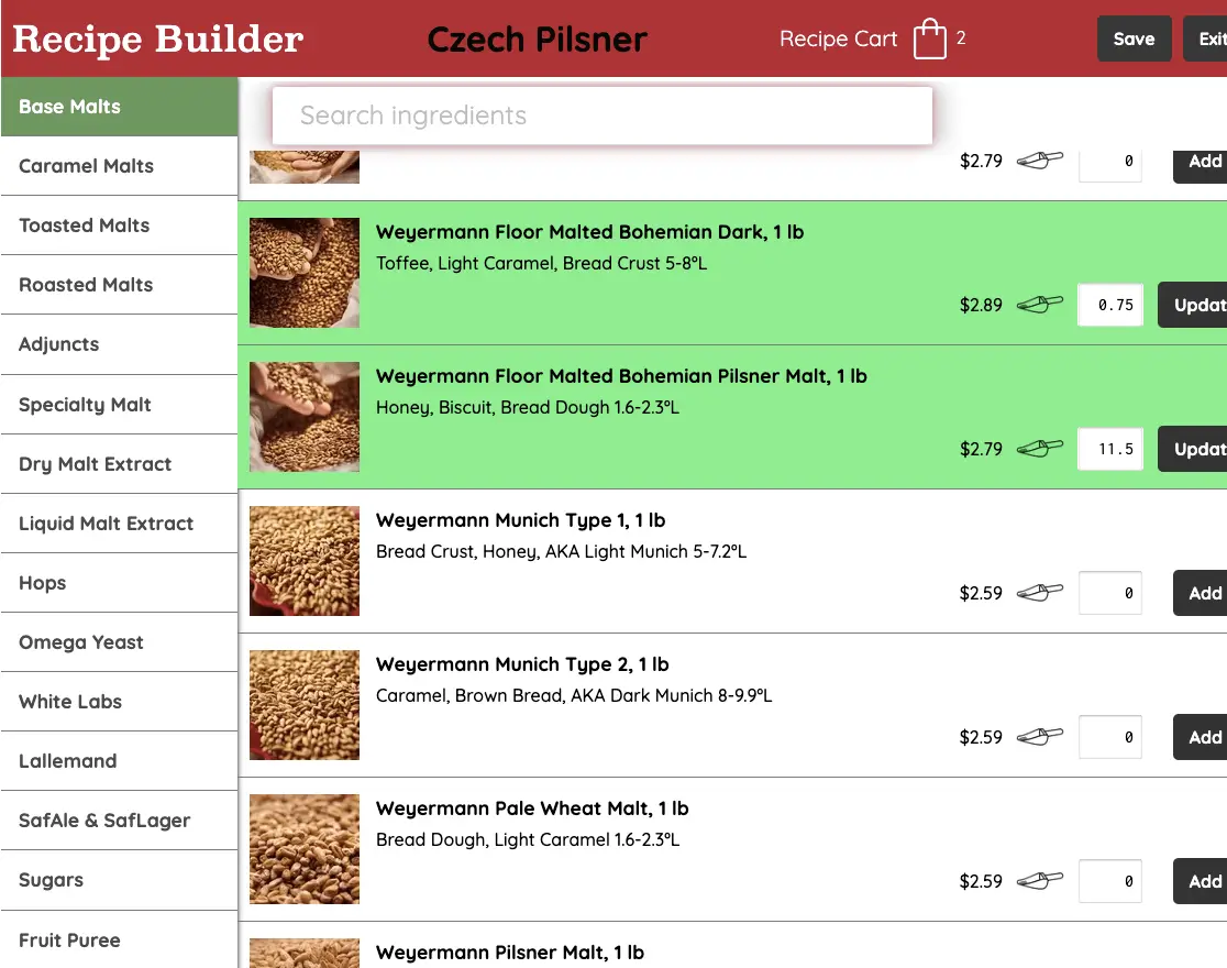 Recipe Builder showing added ingredients highlighted with editable quantities
