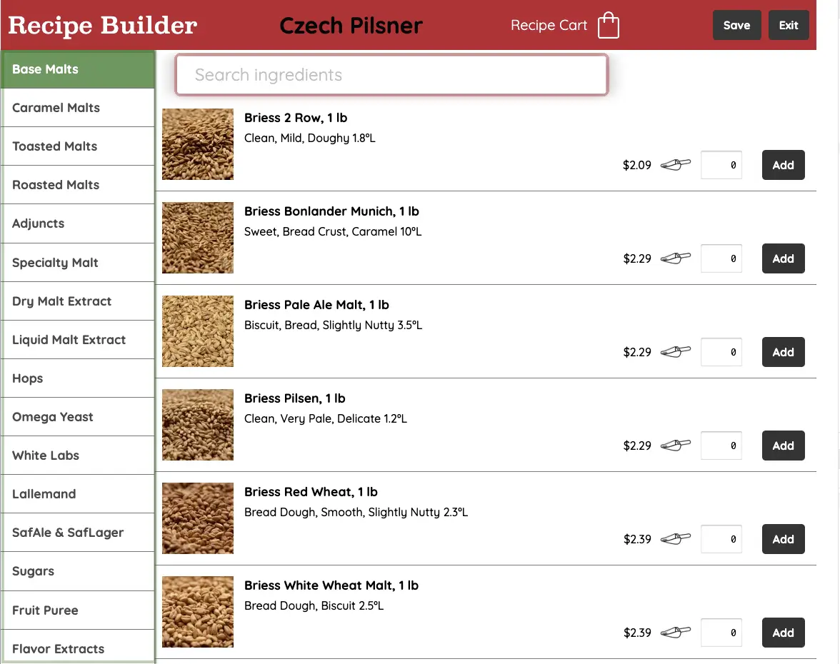 Recipe Builder main interface showing category browsing and search