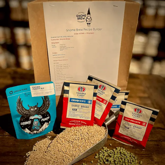 Packed and labeled recipe kit from Gnome Brew Recipe Builder