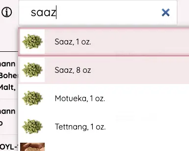 Recipe Builder Quick Add search showing Saaz hop results