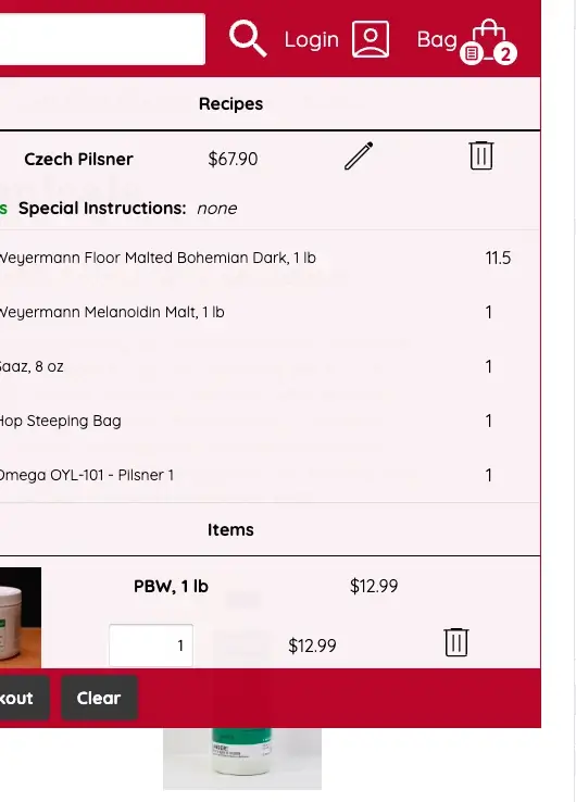 Shopping cart showing a saved recipe grouped separately from individual items