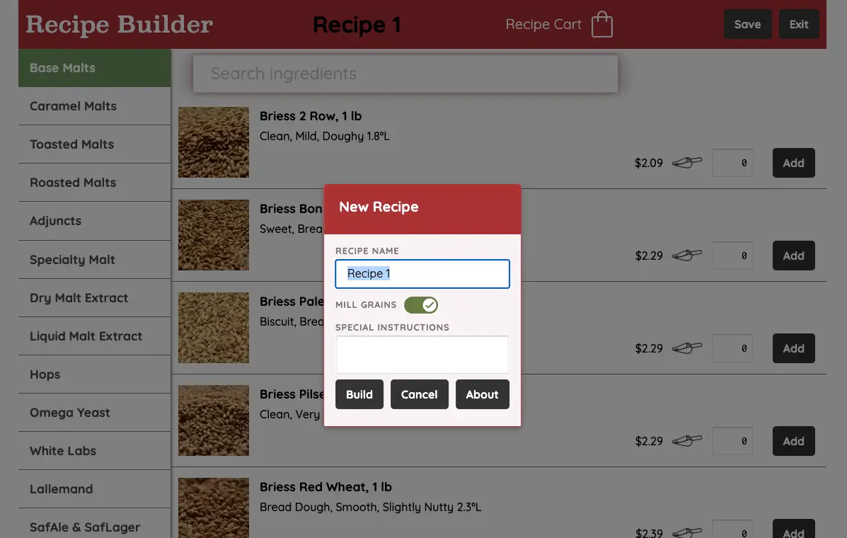 Recipe Builder new recipe modal with name, milling option, and special instructions